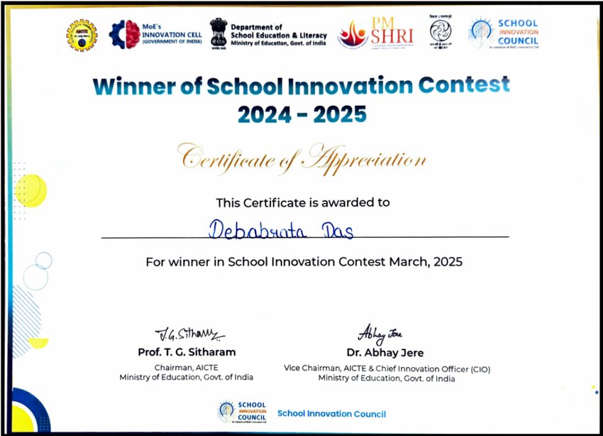 Certificate of Appreciation - Winner of School Innovation Contest 2024-2025