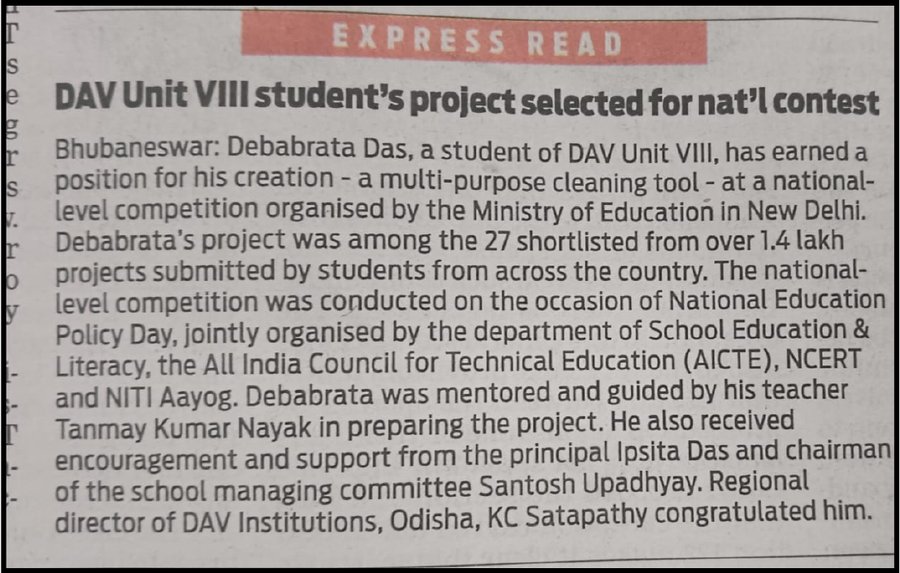 Indian Express article: DAV Unit VIII student's project selected for national contest